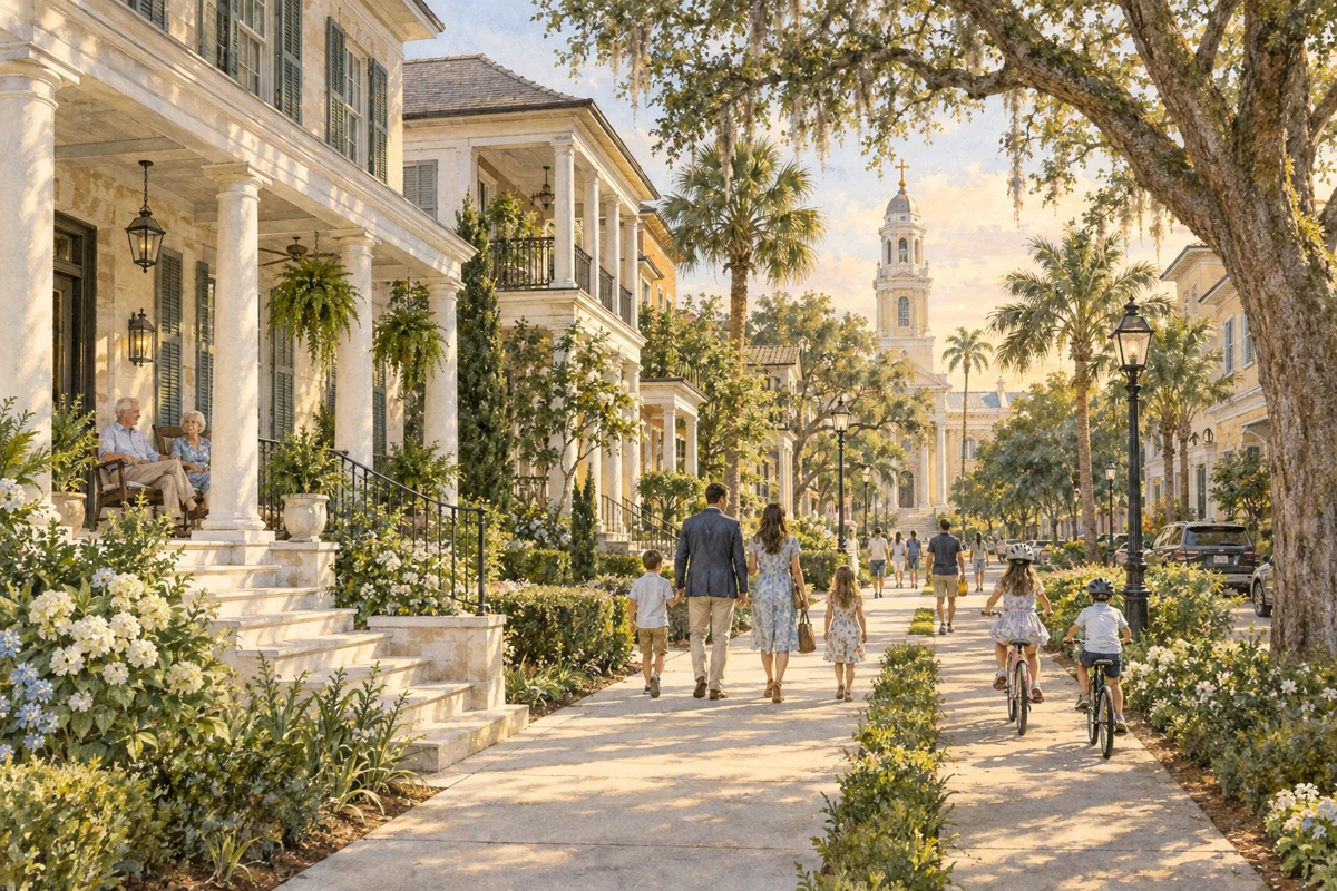 Walkable neighborhood, concept illustration