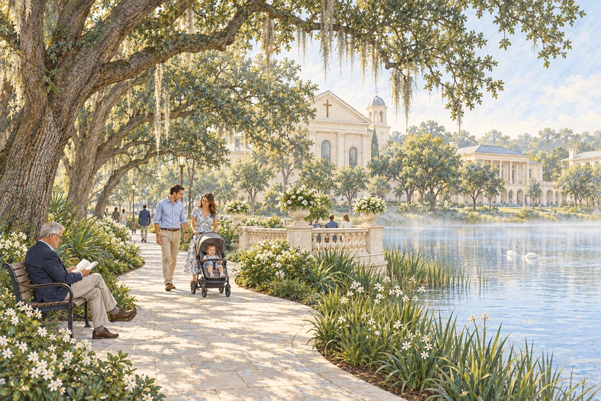 Garden lake walk, concept illustration