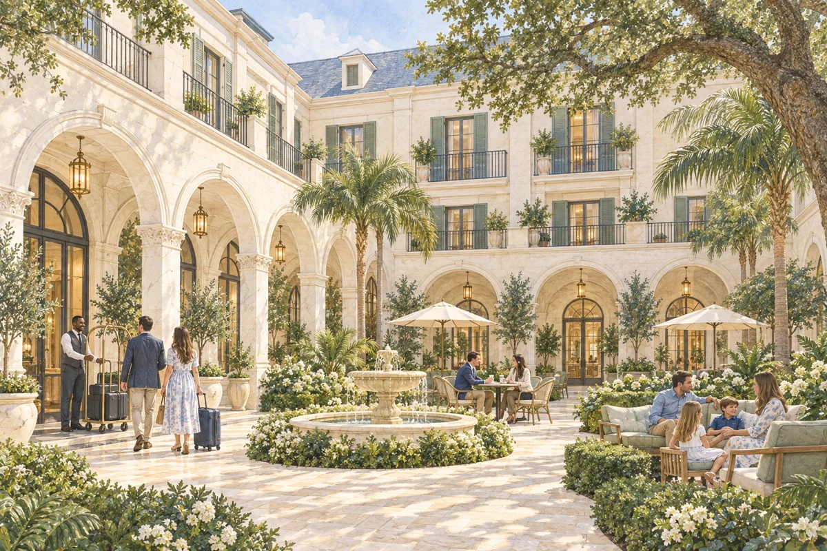 Boutique hotel courtyard, concept illustration